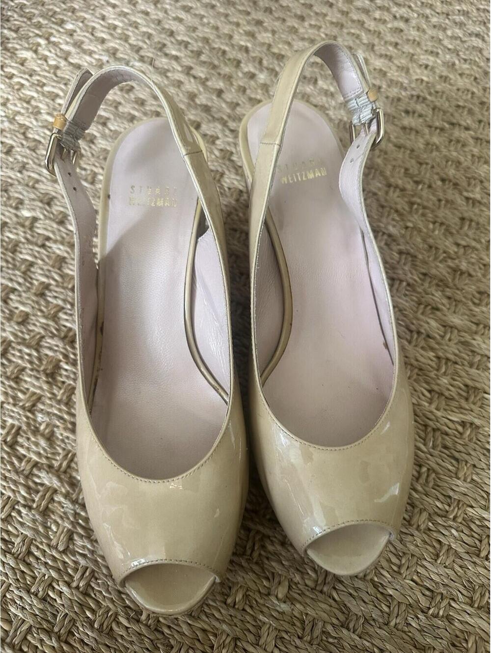 Stuart Weitzman Jean Cork Wedge Beige Patent Leather Heels Size 8.5 Preowned